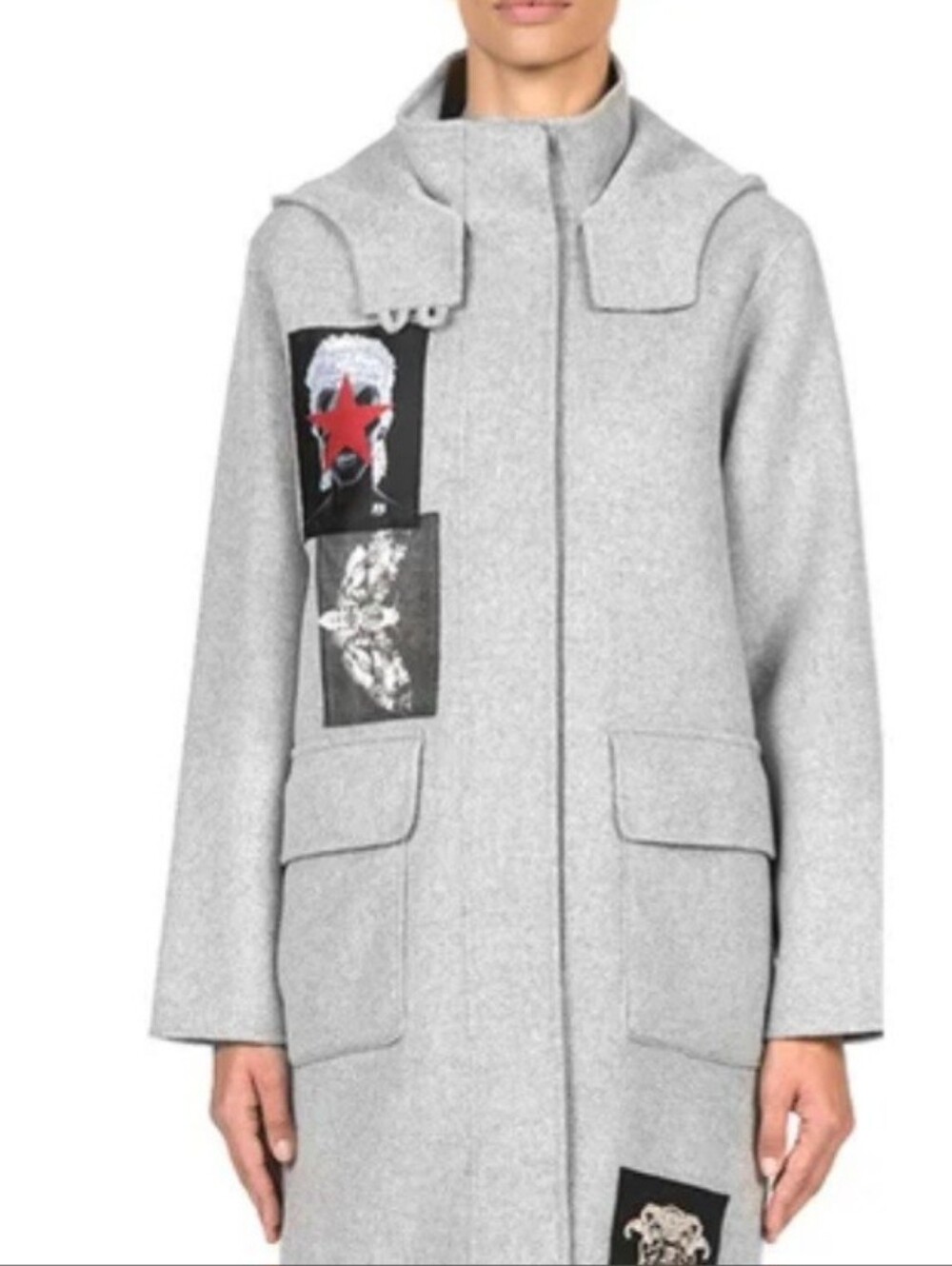 John Richmond Light Gray Wool Pea Coat with Branded Metal Button